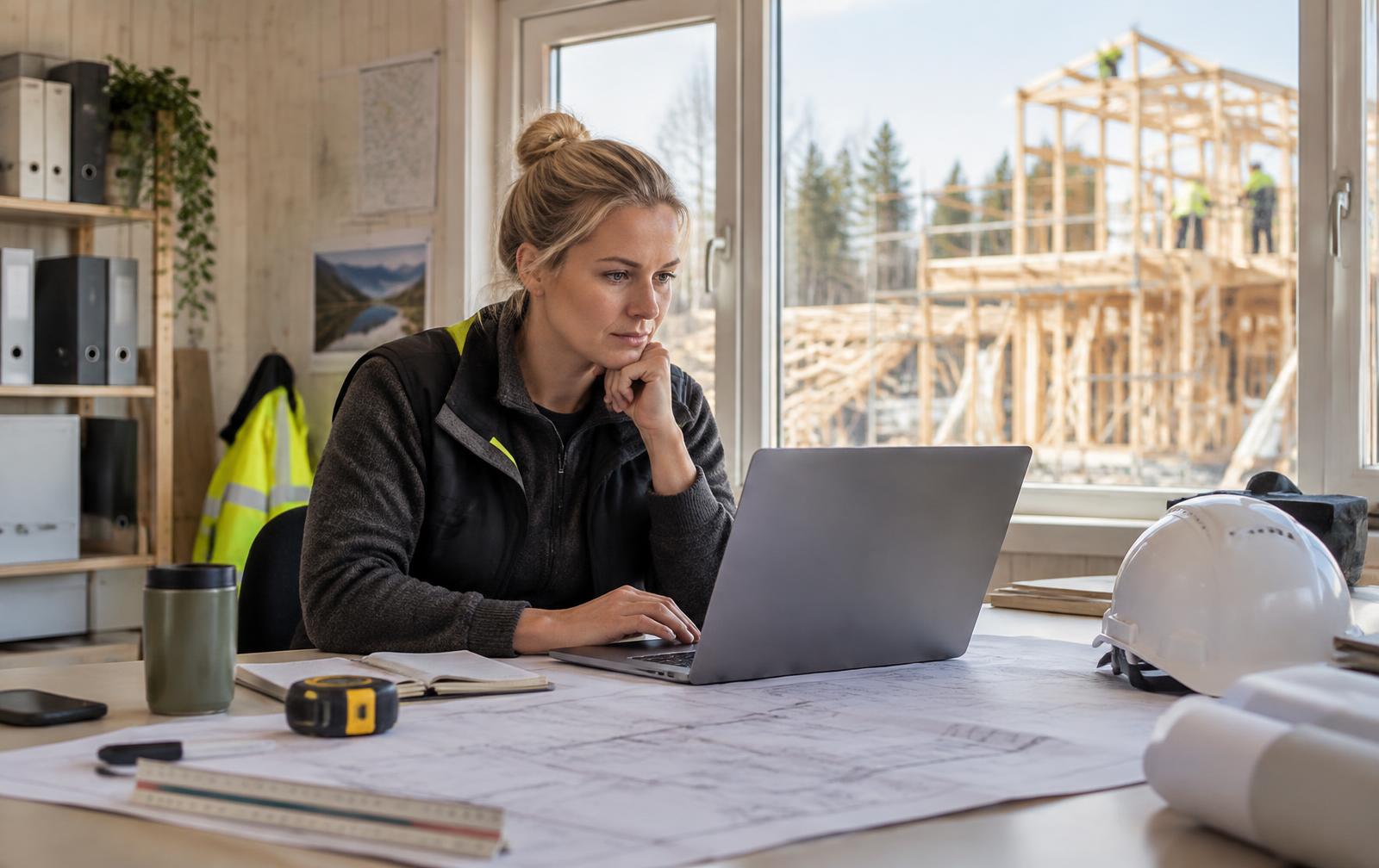 Arbetsledare planerar byggprojekt med BlueCollar System